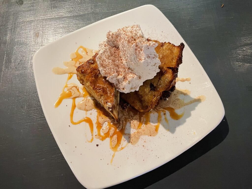 Bread Pudding with Mexican hot chocolate, caramel, cinnamon and whipped cream
